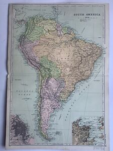 1908 South America Antique Map by G.W. Bacon inset plans of Rio & Buenos Aires