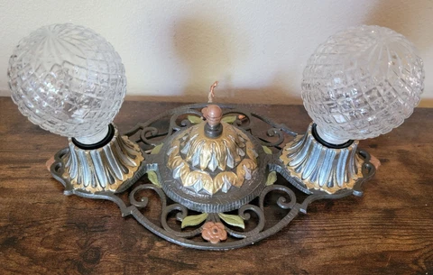 Antique Vintage Two Light Ornate Ceiling Light Fixture Flush Mount BULBS INC! Cover
