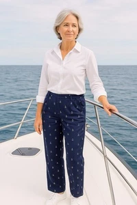 Vtg Albert Nipon Women’s Sz 6 10 Navy Blue 100% Silk Nautical Print Dress Pants - Picture 1 of 7