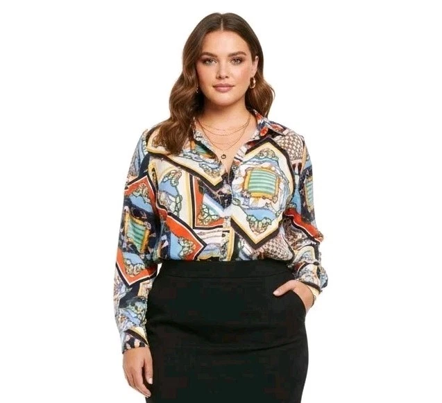 Millennium Mujer’s 1X Bufanda Estampado Cadena Blusa Abotonada Manga Larga Rayón Top Foto 1 de 4
