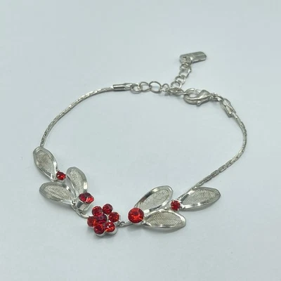 Pulsera Christina Collection Tono Plata Cristales Rojos Malla Diseño Floral Foto 1 de 4