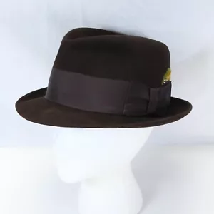 Charles Knox Brown Twenty Grosgrain Ribbon Stylish Feather Fedora Hat Size 7 5/8 - Picture 1 of 13