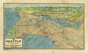 "Vogelperspektive von Seattle 1891" Lisa Middleton künstlerisch verbesserte Karte - Bild 1 von 1