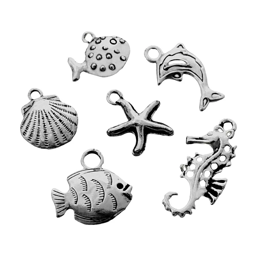 6 Charms Clam Shell Blow Fish Starfish Seahorse Silver Metal Bead Charm Pendants - Image 1 of 1