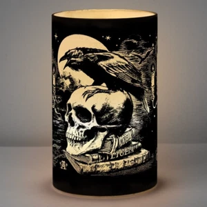 Alchemy Gothic Poe's Raven LED Etched Black Glass Cylinder Lantern Light LED6 - Picture 1 of 3