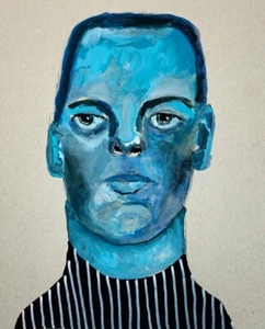 Original Portrait Painting 8x10 Expressive Blue Man Paper Art Gouache Miz Katie - Picture 1 of 15