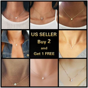 Simple Minimalist Choker Dainty Silver Gold Crystal Chain Pendant Necklace - Picture 1 of 19