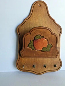 Wooden Wall Letter Key Holder Carved Red Apple Green Leaves Decor 12.25" x 7.5" - Picture 1 of 7
