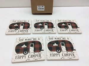 Ceramic Tile Coaster 4" Happy Camper Cork Backing Set of 5 - Picture 1 of 3