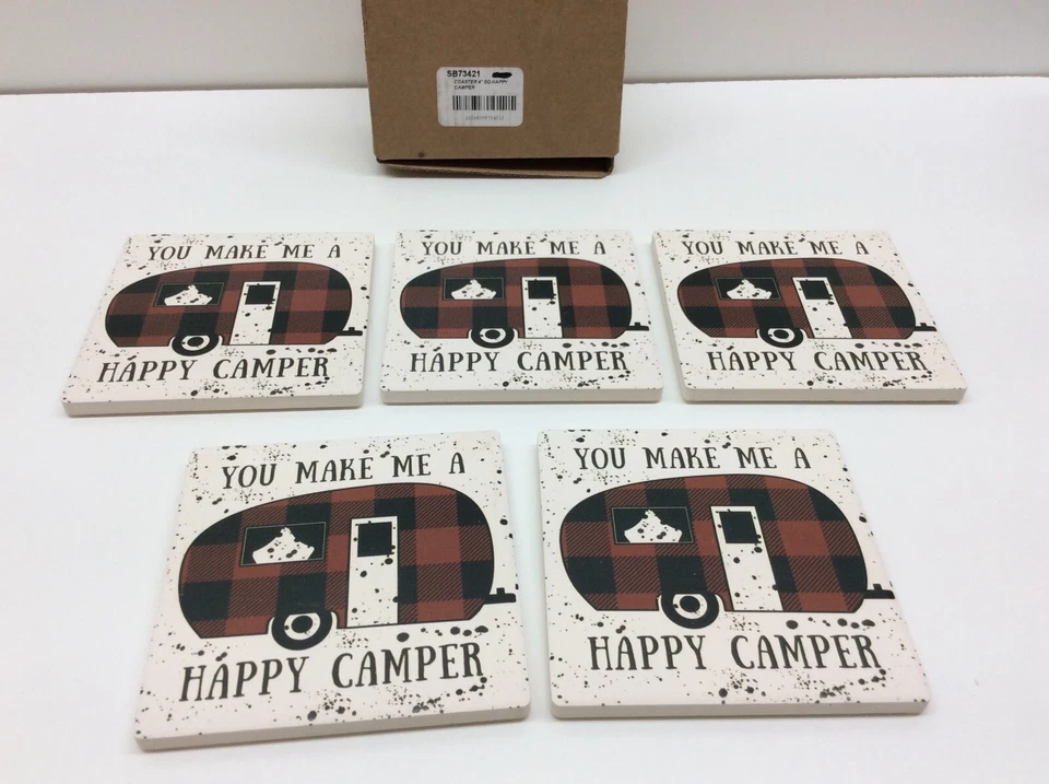 Ceramic Tile Coaster 4" Happy Camper Cork Backing Set of 5 - Image 1 of 3
