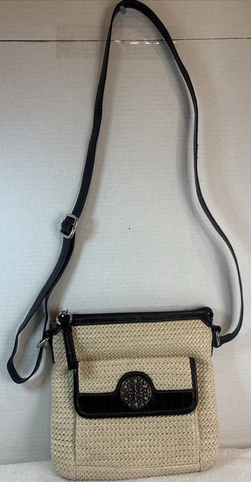 Giani Bernini Tan And Black Woven Straw Crossbody Purse With Pockets Zip Closure - Image 1 of 4