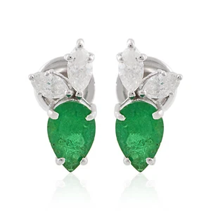 1.02 TCW Zambian Emerald Diamond Stud Leaf Earrings 10k White Solid Gold Jewelry - Picture 1 of 8