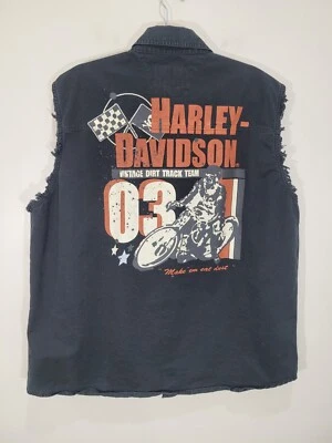 Harley Davidson Button Up Sleeveless Frayed Shirt, Black, Dirt Track Team XL - Image 1 of 4