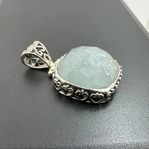 Aquamarine Circle Crystal in Bali Hearts Sterling Silver 925 Pendant #1048 - Picture 1 of 6