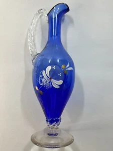 BLUE BOHEMIAN GLASS VASE PITCHER HANDLE HAND PAINTED FLOWERS 12” DECORS DISPLAYS - Picture 1 of 15