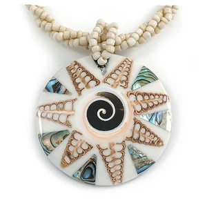 Round Shell Pendant Antique White Glass Bead Twisted Rope Necklace in - Picture 1 of 6