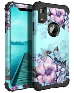 Floral Heavy Duty Shockproof Case for iPhone XR 6.1" - Blue Flower - Picture 1 of 7