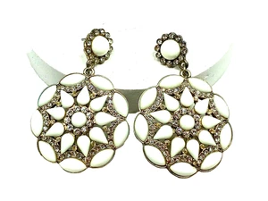 Gold Tone White Glass Clear Pave Stone Drop Dangle Earrings Post Close - Picture 1 of 5