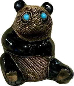 Chinesischer Export Panda Bär Brosche Anhänger vergoldet Silber Netz schwarz Emaille 1920’er - Bild 1 von 9