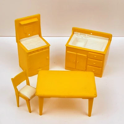 Conjunto de cozinha branco amarelo 1950 fogão pia mesa 1 cadeira casa de bonecas decoração vintage - Imagem 1 de 4