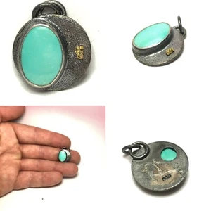 Colgante pepita turquesa de ley esterlina y oro turquesa de 14 quilates dos veces sin tratar EE. UU. - Imagen 1 de 8