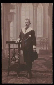 Edwardian boy vintage private photo postcard 1st communion hat church - Picture 1 of 2