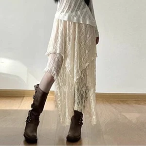 Lace Skirt, Long Skirt with Irregular Hem, Holiday Style, Skirt Beige Summer - Picture 1 of 23