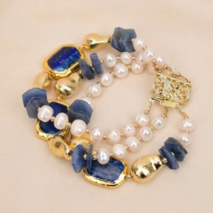 3 Rows Natural White Pearl Blue Lapis lazuli Kyanite Brushed Beads Bracelet 8'' - Picture 1 of 6