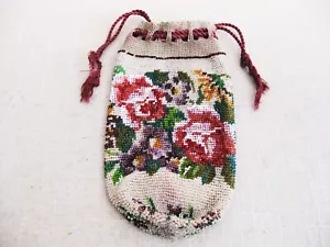 Antique Micro Beaded Handbag, Floral Evening Draw String Crocheted Purse - Picture 1 of 5