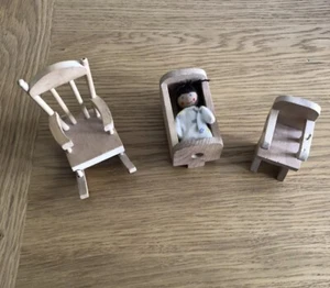 Vintage Dolls House Nursery Furniture And Baby Bundle Rocking Chair Cradle - Picture 1 of 7