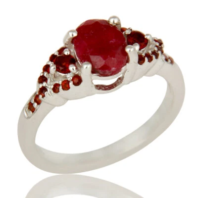 Natural Ruby Corundum 925 Sterling Silver Ring Designer Jewelry Birthstone Ring - Image 1 of 4
