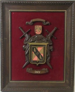 Lacy Family Crest Coat Of Arms Framed Wooden Wall Plaque 17" x 14" Vintage NICE - Picture 1 of 7