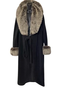 Fjall Coat Womens M Black Faux Fur Trim Pockets Tie Front Soft Virgin Wool Blend - Picture 1 of 7