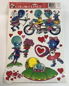 Vintage Valentines Day Alien UFO Static Cling Window Decorations BRAND NEW 1990s - Picture 1 of 6