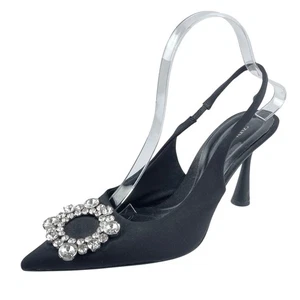 Zara Black Embellished Rhinestone Pointed Slingback Pumps Kitten Heels Size 9 - Picture 1 of 6