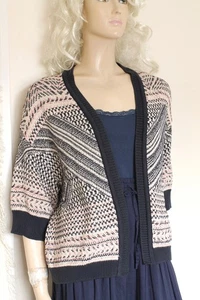 Per una cream Navy fairisle cotton open Cardigan Jacket size 10–12 boho Peruvian - Picture 1 of 10