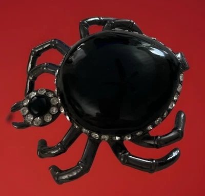 VTG Spider Hinged Trinket Pill Box, Black Stone, Rhinestones Enamel Inside Goth - Image 1 of 4