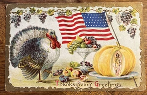 1909 Thanksgiving Greetings Postcard Patriotic American Flag - Bild 1 von 4