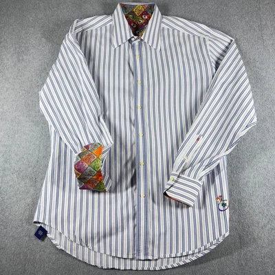 Рубашка мужская Robert Graham размер XL белая синяя сумка для денег в полоску цветная с откидными манжетами - Изображение 1 из 4