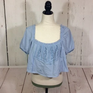 ZARA Women's Blue Eyelet Cropped Top Size Medium NWT Peasant Crop Top Boho - Picture 1 of 12