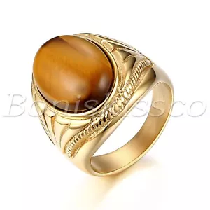 Men's Retro Gold Plated Stainless Steel Oval Tiger's Eye Stone Ring Band #7-13 - Picture 1 of 7