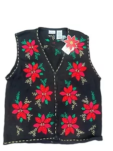 Bobbie Brooks Women's XL Black Knit Vest Embroidered Beads Floral Christmas - Picture 1 of 6