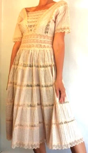 Vintage 50s Nude full 360 skirt pintucked cotton sheer lace party dress wedding - Picture 1 of 8
