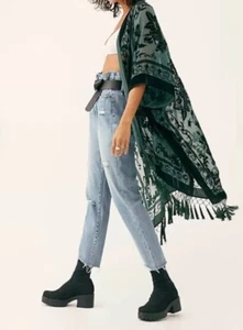 Burnout Velvet Floral Green Kimono Burnout Tassels Kimono Beach Coverup - Picture 1 of 4