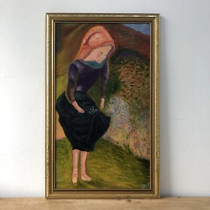 Garden Flowers Woman Portrait Naive Folk Art Vintage Impressionist Oil Painting - Picture 1 of 10