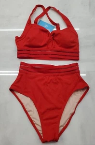 NWT Cupshe Womens Two Piece Swimsuit Size Small Red ribbed - Picture 1 of 9