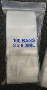 100 Bags- 3"x8" Clear Reclosable Zip Seal Plastic 2 Mil Lock Bags Jewelry Zipper - Picture 1 of 6