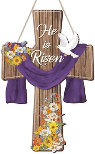 Easter Decorations Hanging Door Sign Wreath Religious Cross He Is Risen Flowers - Picture 1 of 12