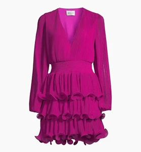Milly Ryan A-Line Chiffon Dress Size 6 M Fuchsia Hem Ruffle V-Neck Layered - Picture 1 of 17