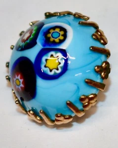 VINTAGE 1 MILLEFIORE BLUE GLASS BUTTON ORNATE BRASS SETTING LARGE BIG 21mm - Picture 1 of 2